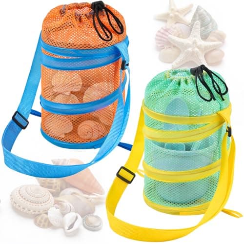 WAWSAM Kids Mesh Beach Bag Set, 2 PCS Sea Shell Bag for Beach, Kids Beach Essentials Shell Collecting Bag for Boys Girls Beach must Haves for Kids with Adjustable Straps (Green + Orange)