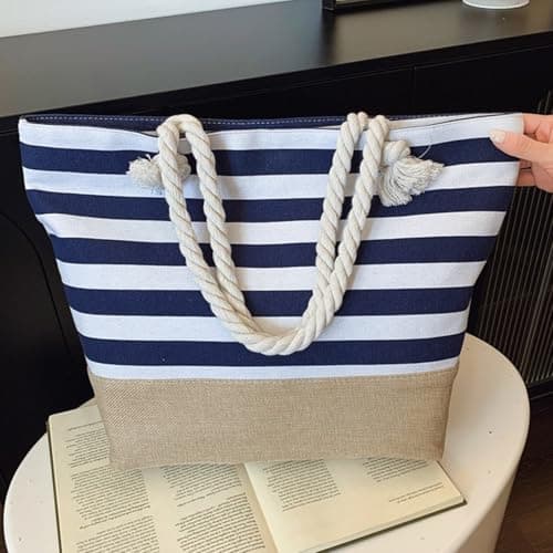 SSKHE Waterproof Beach Bag for Women Beach Bag with Zipper,Summer Tote Bags Canvas Stripe Travel Bag Reusable Shopping Shoulder Handbags for Gym Pool Picnic Holiday Essentials(48×35×17cm) Blue — view 2