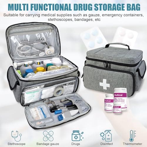 Naapesi Medical Bag-Empty First Aid Bag, Emergency Kit, Nurse Bag, Large Capacity Medicine Organizer with Multiple Compartments for Home Visits, Home, Travel (Grey) — view 6