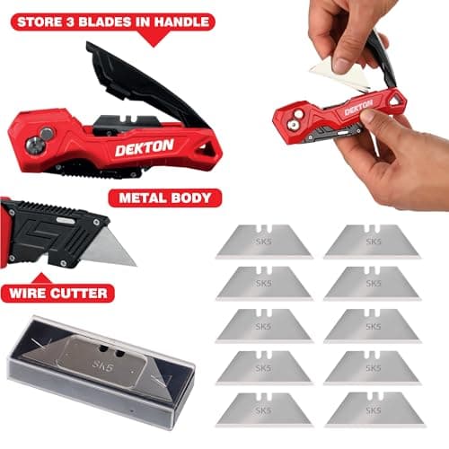 Dekton Pro Heavy Duty Folding Knife with Ergonomic Handle Rapid Blade Change Zinc Alloy Body Belt Clip Wire Cutter and Blade Storage for Vinyl Rubber Plastics and Carpet — view 6