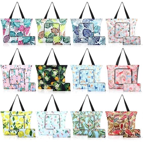 Yoojahow 12 Pcs Summer Reusable Shopping Bags Foldable Grocery Bags with Handles Zippers Large Capacity Grocery Bags Waterproof Beach Tote Bags for Women Work Gym Beach Groceries, Multi Colors