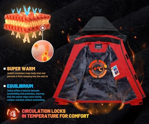 TACVASEN Skiing Jackets Men Waterproof Snowboarding Fleece Thermal Jacket Casual Outdoor Soft Shell Jackets with Zipper Hood Sportswear Red — view 3