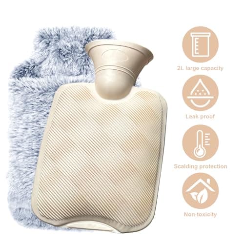 Bonilife Hot Water Bottle with Fluffy Cover, 2L Large Rubber Hot Water Bag with Hand Warmer Pocket Cover for Shoulder, Back, Period Pain Relief, Hot Water Bottle for Men Women Kids Adult-Grey — view 3