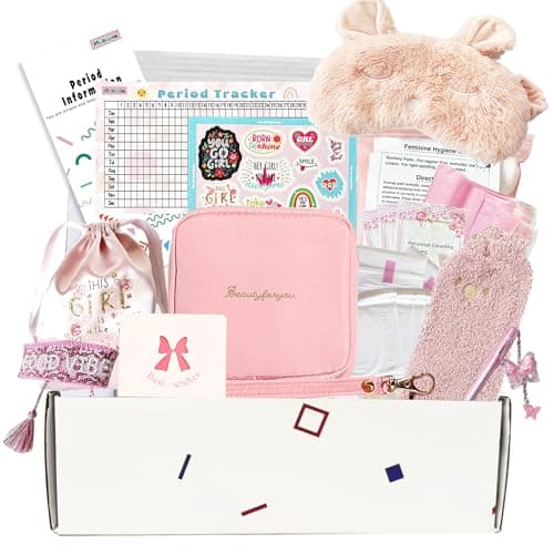 First Period kit for Girls | 22 PC Period Packs for Young Girls First Time | First Period Gift for Teen Girls with Sanitary Pad Storage Bag, Wipes, Bracelet, Eye Mask, Socks and More (Pink)