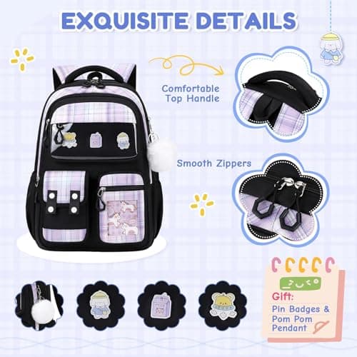 QIXIHU Girls School Backpack, Cute Kawaii Kids Rucksack for Primary School Students, Water Resistant Bookbag with Cartoon Pins & Pom Pom, Travel Bag with Luggage Strap — view 6