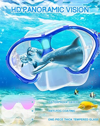 Gintenco Kids Snorkel Set, Dry Top Snorkel Mask Anti-Leak for Youth Junior Child, Anti-Fog Snorkeling Gear Free Breathing,Tempered Glass Swimming Diving Scuba Goggles 180° Panoramic View (Blue) — view 6