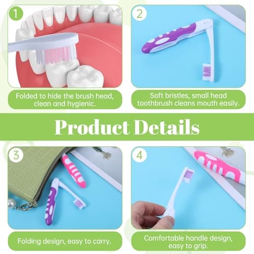 2Pcs Travel Toothbrush Set, Folding Toothbrush Travel, Soft Portable Toothbrushes for Travels Camping Hiking (Pink and Purple) — view 3