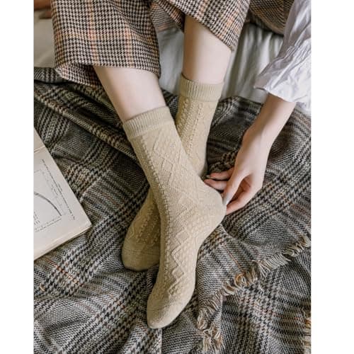 KIXZSAZ 2PCS Thermal Socks Thickened Solid Retro Wool Sock Coldproof Durable Stockings Footwear Winter Travel Birthday, Khaki — view 2