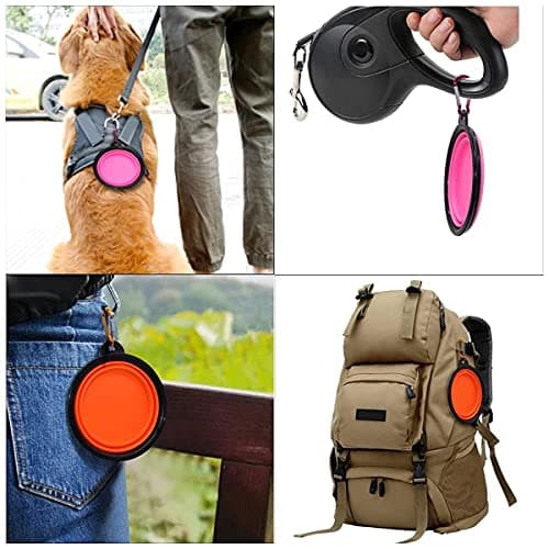 Collapsible Dog Bowl,Collapsible Dog Water Bowls for Cats Dogs, Portable Pet Feeding Watering Dish,Portable Dog Water Food Bowl with Carabiner (Small(350ML), pink+Orange) — view 6