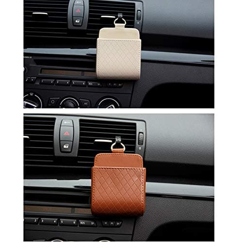 Car Storage Box, Universal Car Air Vent Organiser, Multifunctional Mount Outlet Storage Box, Hanging PU Leather Container Bag for Pen, Phone, Keys, Dark Beige — view 4