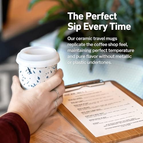 NOVA CERAMICS Travel Mug - Travel Size Mug – Reusable Coffee Mug Unique to Go Mug – Microwave & Dishwasher Safe Coffee White & Blue Tumbler - Gifts for Women Men Him Her – 355ml – Orchid — view 4
