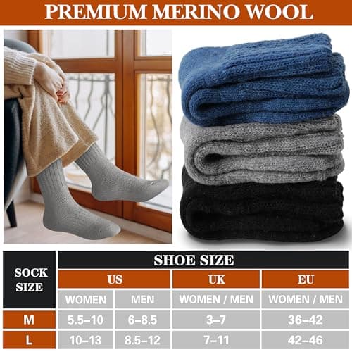Sandsuced Merino Wool Thermal Boot Socks for Men Women Winter Warm Thick Cosy Walking Hiking Work Stocking Fillers Socks 3 Pairs(Blue/Black/Grey,L) — view 5