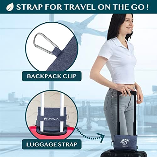 PAVILIA Travel Blanket Compact, Airplane Packable Bag, Soft Fleece Portable Throw Pillow Combo Set, Plane Flight Car Trips Essentials Gift Accessories, Luggage Backpack Clip, Navy Blue, 65 x 40 inch — view 3