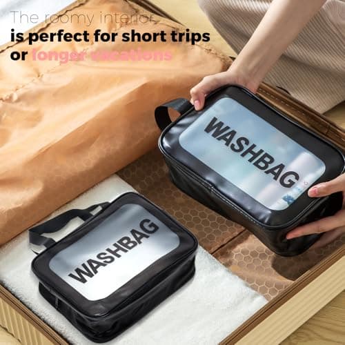 Woobroo Clear Travel Toiletries Bag for Women, 3 Pack Toiletry Bags with Zippers Travel Essentials PVC Waterproof Cosmetic Clear Wash Bag for Girls, Black — view 5