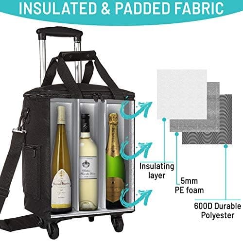 Lazenne Wine Bags for Travel - 6 Bottle Wine Bag/Wine Carrier - Wine Luggage for Professionals and Consumers. 3-in-1 Wine Tote, Rolling Suitcase and Insulated Cooler Bag with Removable Dividers — view 3