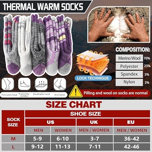 Welwoos Merino Wool Walking Hiking Socks for Women Men Thermal Winter Warm Cosy Crew Work Gift Socks Stocking Fillers 5 Pairs(Purple, 3-7) — view 5