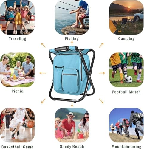 Kikerike Backpack Stool Cooler Chair Heavy Duty 300 LBS Max Load Portable Lightweight Folding Fishing Cooler for Camping Hunting Fishing - Sky Blue — view 3