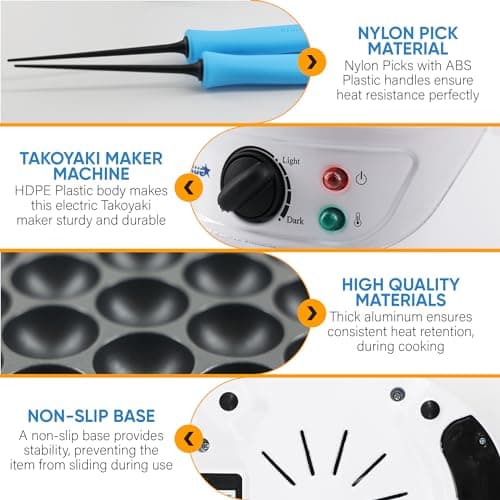 StarBlue Takoyaki Maker Machine with FREE Takoyaki Picks - Temperature Control 18 Holes Electric Pan for Japanese Octopus Balls 220V 60Hz 700W UK Plug with EU Adapter, SB-JC503 — view 5
