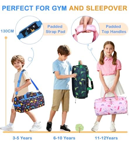 Overnight Bag for Kids, VASCHY Large Capacity Travel Duffle Bag for Boys Lightweight Holdall Bag Weekender Bag with Shoes and Seperated Dry Wet Compartment for School, Dance, Sport(Blue Dinosaur) — view 6