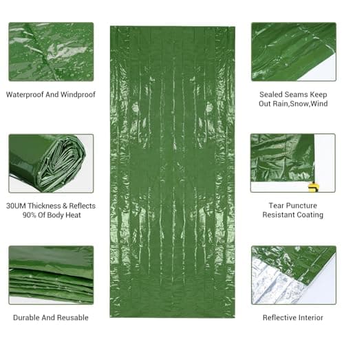 Esky Emergency Sleeping Bag, 2 Pack Survival Bag Portable Thermal Bivy Sack, Waterproof Lightweight Emergency Blanket Survival Gear with Compass for Camping Hiking Outdoor Adventure (Green) — view 6