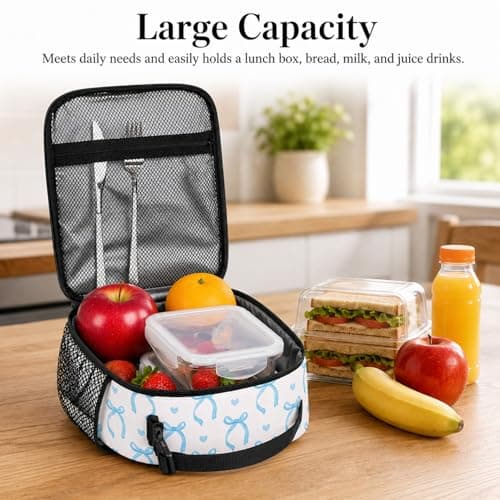 Komergave Insulated Lunch Bag for Women Girls, Cute Small Blue Bow Polyester Thermal Cooler Bag, Reusable Leakproof Portable Lunch Box Bag with Handle for Work School Picnic Travel Beach Preppy Gifts — view 3
