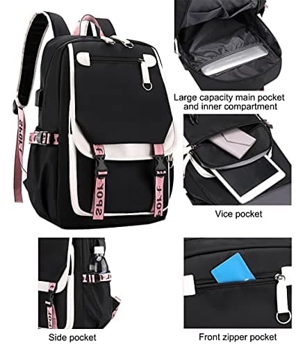 SellerFun Teenage girls' Backpack Middle School Students Bookbag Outdoor Daypack With USB charge Port (4# Black Pink, 21 Liters) — view 5
