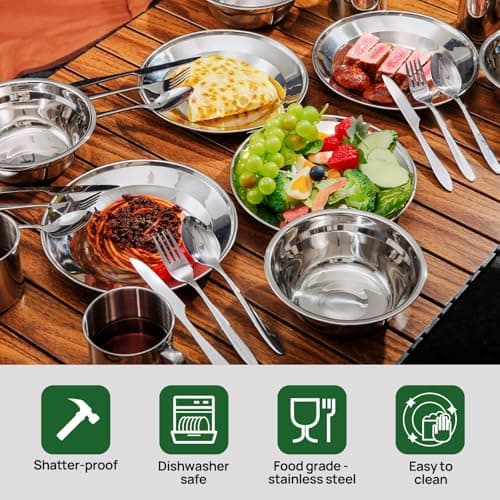 Odoland Camping Cutlery Set - Stainless Steel Tableware Mess Kit Plate Cup Fork Spoon, 7 in 1 Flatware Kit with Mesh Bag - Dinnerware Utensils Set for Outdoor Camping Hiking and Picnic for 4 People — view 4