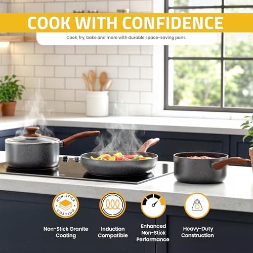 Kichly Non-Stick Granite 8 Pcs Cooking Pots and Pans Set Nonstick Cookware Induction Hob pan Set with 20cm, 28cm Frying Pan Set and 20cm,18cm & 16cm Saucepan Set with Lids (Grey) — view 2