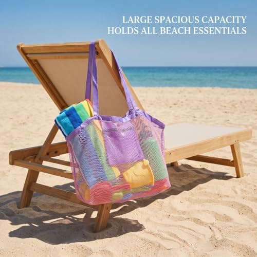 Large Mesh Beach Bag,Beach Toy Bag for Kids,Mesh Beach Bags,Foldable Toys Net Tote Bags Waterproof Lightweight for Sand Storage for Wet Towels Swim Pool Travel Essentials Accessories (40x24x38 cm) — view 5