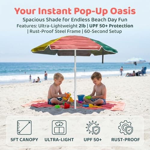 LOTTAFUN 5ft Beach Umbrella Diameter 0.99-1.2 Inch Pole Resistant UV 50+ Portable Sun Shade with Sand Anchor & Carry Bag, Outdoor Folding Umbrella for Beach,Pool,Patio,Garden (3 Color Block) NO Tilt — view 2