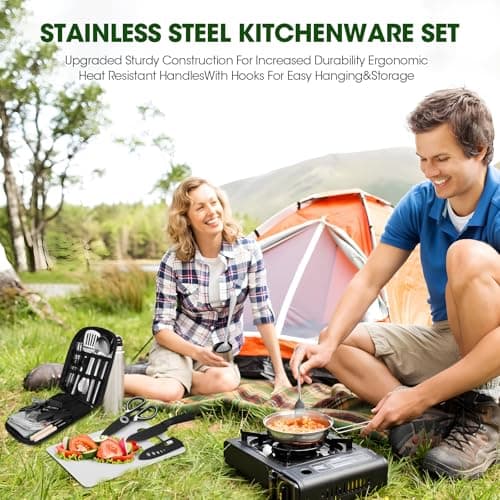 Portable Camping Cooking Utensils Set, 36 Pcs Stainless Steel Camping Kitchen Utensil Organizer, Cutting Board, Bottle Opener and Storage Bag Camping Accessories for Hiking Travel Picnic Gifts — view 4
