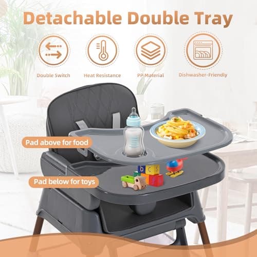 High Chairs for Babies and Toddlers, Adjustable Convertible 3 in 1 Baby High Chair, Portable Compact Baby Infant Feeding Chair Travel Highchair Booster for Toddler, from 6 Month to 3 Years Dark Grey — view 4