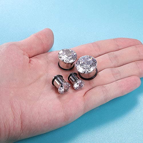 PunkTracker Pair Clear CZ Zirconia Prong Set Ear Plugs Gauges Stainless Steel with Silicone O-Ring Stretcher Expander — view 6