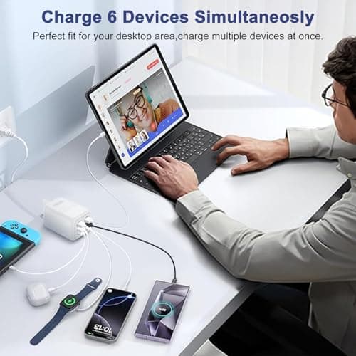 OrcoW USB C Plug Fast Charge, 150W 6-Port Multi USB Charger Plug UK Dual Port PD Power Adapter +QC Wall Plug Multiport Power Adapter for iPhone 16/15/14/13/12/11 Series/XS/XR/SE,iPad,AirPods,White — view 5