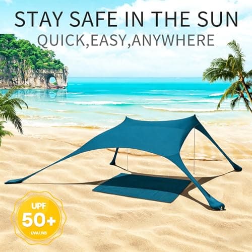 Cuupo Beach Tent Pop Up 2x2.1m UPF 50 Lycra Sun Protection Outdoor Anti-Wind Sun Protection with Stability Poles Backyard with Beach Blanket Petrol Blue — view 4