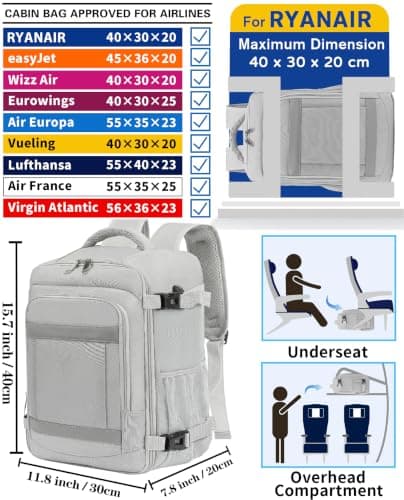 KLOSTAIN Ryanair Cabin Bags 40x30x20 Underseat 24L Laptop Carry On Backpack Fits easyJet Eurowings Wizz Air Light Grey — view 2