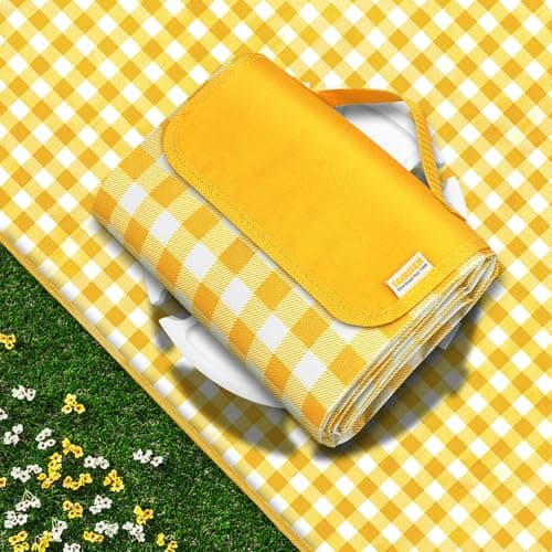 SAMSIER Outdoor Picnic Blankets Waterproof Foldable Sandproof, Large Gingham Cute Picnic Mat Washable Portable for Park Beach Camping Courtyard (Yellow, 200 x 200cm/80"×80")