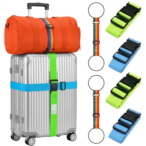 6 Pcs Adjustable Luggage Straps for Suitcases - 2 SkyBlue + 2 Green Personalised Luggage Belt with Luggage Labels for Travel, Flight, Vacation, Trip, 2 Elastic Bungee Straps Add Bag for Trolley Case