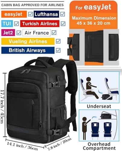 KLOSTAIN for Easyjet Cabin Bag 45x36x20 Travel Backpack Hand Luggage Carry-ons Bag Laptop Backpack Ruscksack for Airplanes Flight New Easyjet Underseat Cabin Bags Fit 14" Laptop Black — view 2