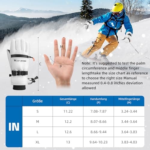 CYCLESPEED Ski Gloves for Men Women Waterproof Thermal Winter Glove Adult Unisex Snow Gloves for Skiing Snowboarding, Snowmobiling, Winter Hiking Outdoor Walking (White, L) — view 6