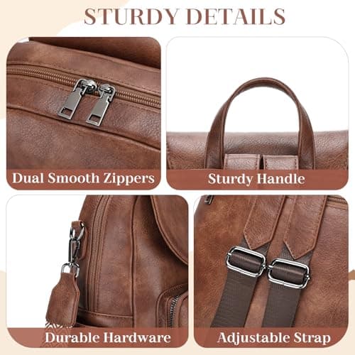 VASCHY Backpack for Women, Fashion Cute Vegan Leather Flap Backpack Convertible Handbag for Ladies with Guitar Strap Brown — view 4
