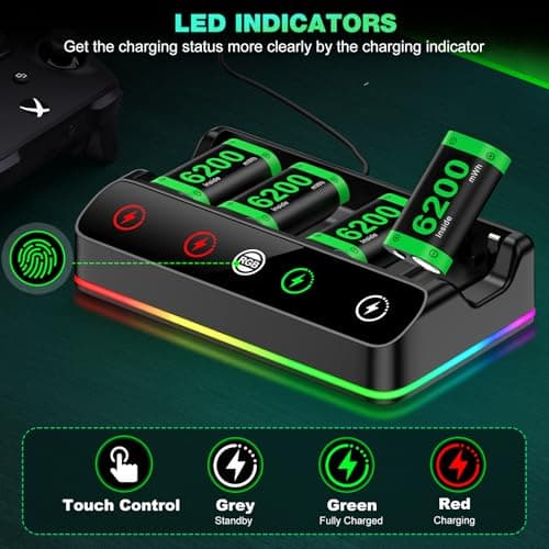 HEYLICOOL 4X 6200mWh Battery Pack Compatible with Xbox One/Series S/X Controller with Charging Station,Rechargeable Battery Pack Charger Accessories for Xbox One/S/X/Elite Controller with RGB Lights — view 5