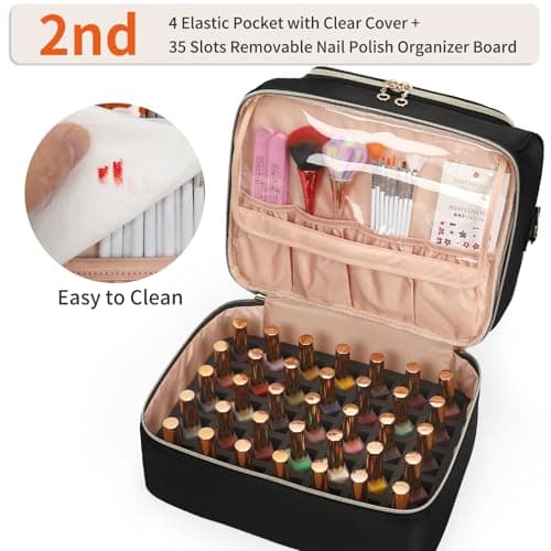 Nail Polish Organiser, Nail Varnish Storage Box Holds 45 Bottles Nail Polish & Nail Lamp, Nail Tech Travel Case, Nail Kit Carrying Bag for Nail Stuff & Manicure Tools (Black, 45 Slots) — view 4