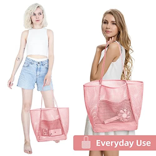 KALIDI Mesh Tote Bag,23L Beach Bag Extra Large Tote Bags for Women with Zip Pocket Shoulder Bag Summer Beach Bags Reusable Shopping Bag for Picnic Holiday Travel Grocery,pink — view 2