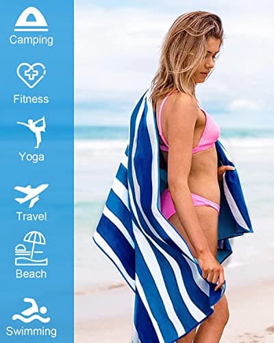 Victoper Microfiber Beach Towel d Rapid Drying Sand Free Soft Compact Lightweight Qualities Beach Towels for Adults Ideal for Swimming Beach Yoga Camping Gym Carry Bag Blue Stripes 79x35 Inch — view 4