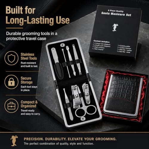 8 Piece Men's Manicure Set in Leather Travel Case – Complete Nail Care Grooming Kit with Clippers, Scissors & Tools – Portable Gift Set for Home & Travel (white) — view 3