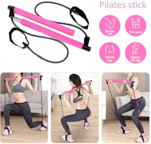 Portable Pilates Bar Kit with Exercise Resistance Band, Pilates Exercise Stick Yoga Fitness Bar with Foot Loop, Muscle Sculpt Leg Stretcher Home Gym Workout Equipment for Total Body Exercise (pink) — view 2