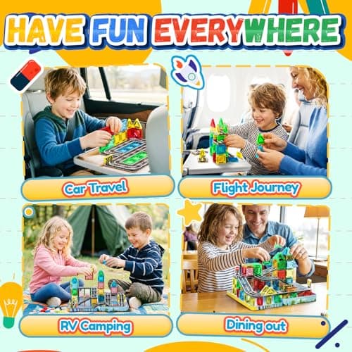 iKidiki 58 PCS Mini Travel Magnetic Tiles Set, 3 4 5 6 Year Old Boy Girl Gifts, Plane Activities for Kids, Boys Toys Age 3-6 Magnetic Blocks Building Toddler Travel Toys — view 2
