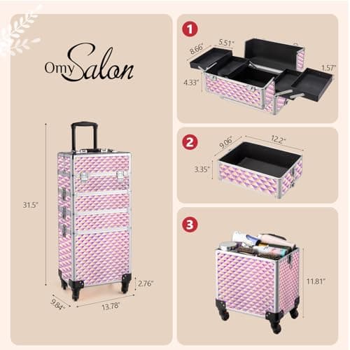 Bonnlo 4 in 1 Rolling Makeup Train Case, Aluminum Makeup Travel Organizer Cosmetic Case, Cosmetology Display Suitcase on Wheels, Beauty Storage Luggage Lockable w/4 Removable Wheels - Pink — view 2