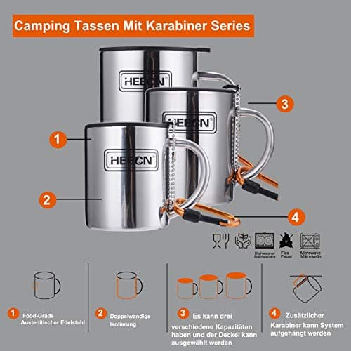 HEECN Camping Mugs - Double Walled Stainless Steel Mug for Hot Drinks with Lid and Carabiner - Backpacking - Trekking - Hiking - HESS038BBK300 — view 5